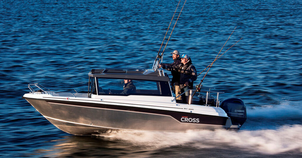 Cross 60 Cabin aluminum boat and fishermen with trolling gear