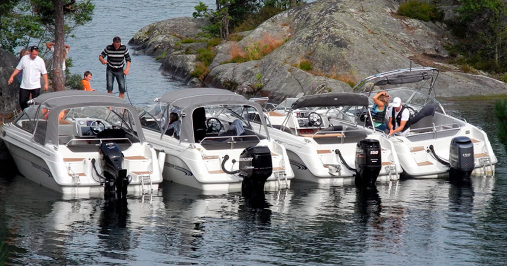 Boat Canopies on day cruisers floating on the sea