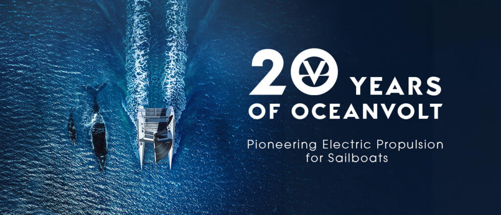 Oceanvolt boats in aerial view with 20 years of Oceanvolt -text